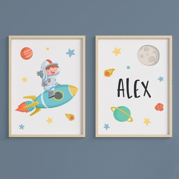 Pack de 2 tableaux - Garçon avec fusée - Tableaux personnalisables pour garçons