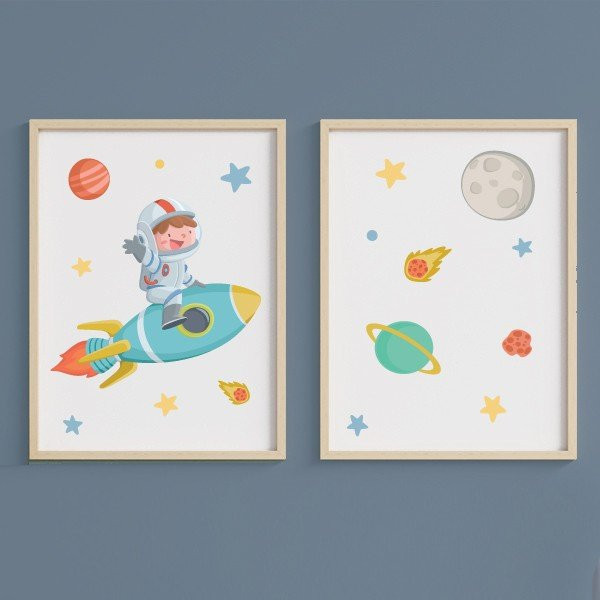 Pack de 2 tableaux - Garçon avec fusée - Tableaux personnalisables pour garçons