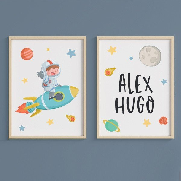 Pack de 2 tableaux - Garçon avec fusée - Tableaux personnalisables pour garçons