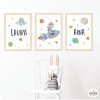 Pack of 3 personalized prints - Girl with rocket - Pictures to decorate children's rooms