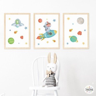 Pack de 3 tableaux personnalisés - Garçon avec fusée - Tableaux pour décorer les chambres d'enfants