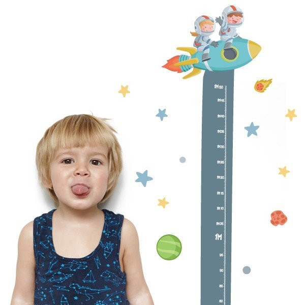 Sticker toise - Garçon et fille avec fusée - Stickers pour chambres partagées