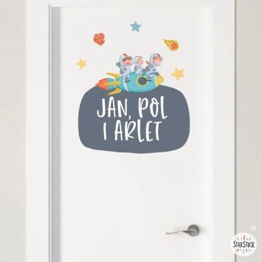 Children's stickers with name - 3 Children with rocket - Sibling room decoration