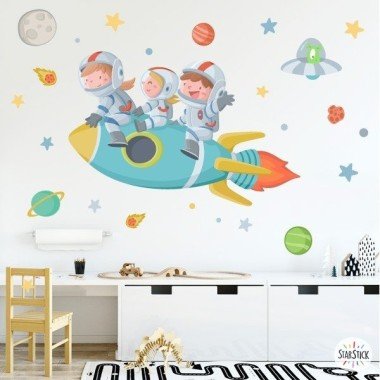 3 Enfants avec fusée - Stickers pour décorer les chambres de fratrie