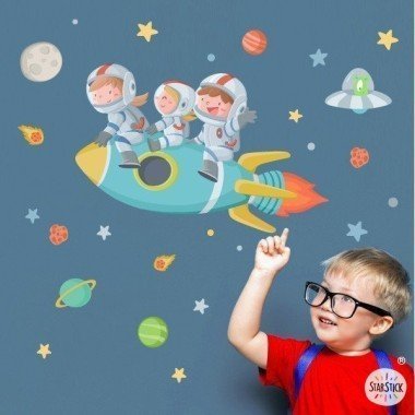 3 Children with rocket - Stickers to decorate siblings' rooms