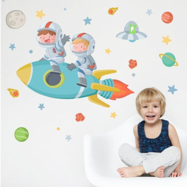 Vinilo infantil hermanos en cohete, pegatina decorativa de pared para habitación de niños o bebé.