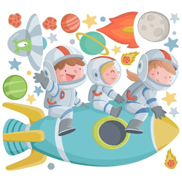 3 Enfants avec fusée - Stickers pour décorer les centres de santé