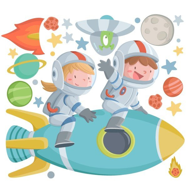 Boy and girl with rocket - Stickers to decorate shared rooms