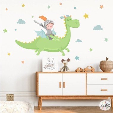 Vinilos infantiles niños - El dragón mágico y el caballero StarStick. Decoración para niños y bebés