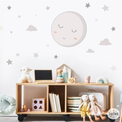 Vinil infantil lluna plena amb estrelles gris o blanca per a nadó