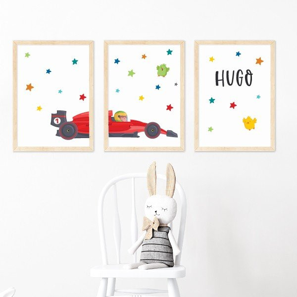 Coche fórmula 1 - Conjunto de 3 Cuadros personalizables - Ideas decoración infantil