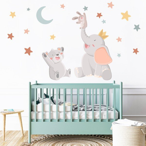 Vinilo infantil Animales tocando la luna Teja