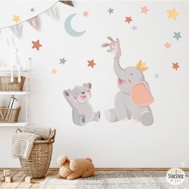 Stickers chambre bébé Animaux touchant la lune - Stickers Autocollants Chambre Enfant