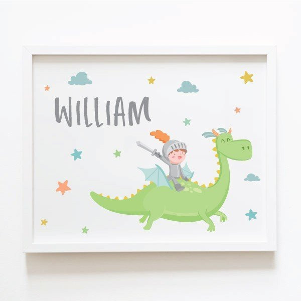 Personalized Kids' Wall Art: Magic Dragon and Knight - Children's Room Decor