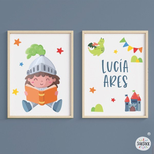 Niña caballero leyendo - Conjunto de 2 Cuadros personalizables - Ideas decoración infantil
