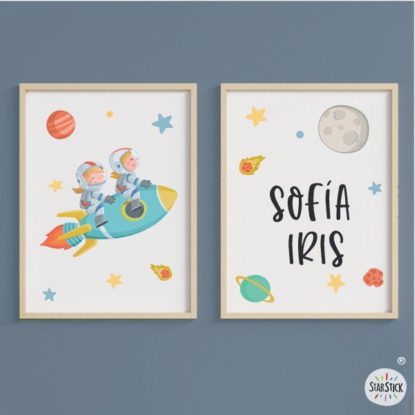 2 Niñas con cohete. Conjunto de 2 cuadros infantiles personalizables