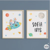 2 Niñas con cohete. Conjunto de 2 cuadros infantiles personalizables