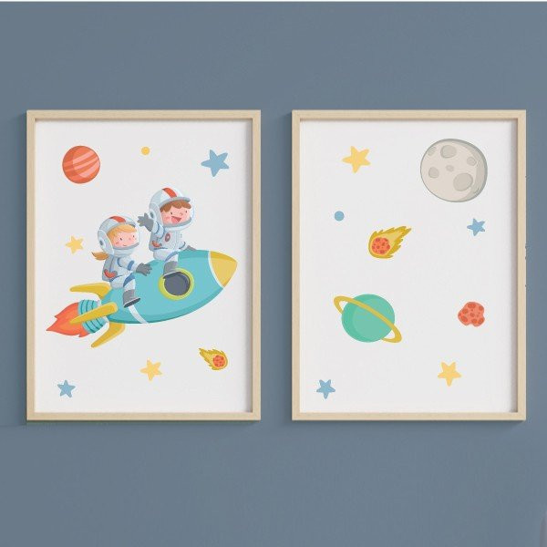 2 Brothers with rocket (boy + girl). Set of 2 customizable children's paintings