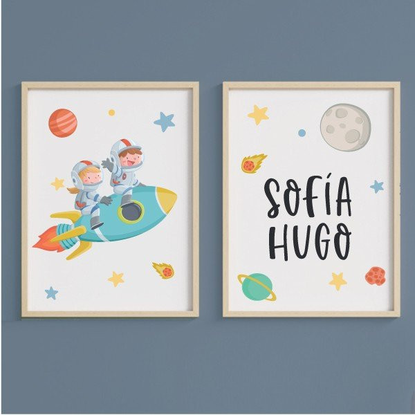 2 Brothers with rocket (boy + girl). Set of 2 customizable children's paintings