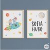 2 Brothers with rocket (boy + girl). Set of 2 customizable children's paintings