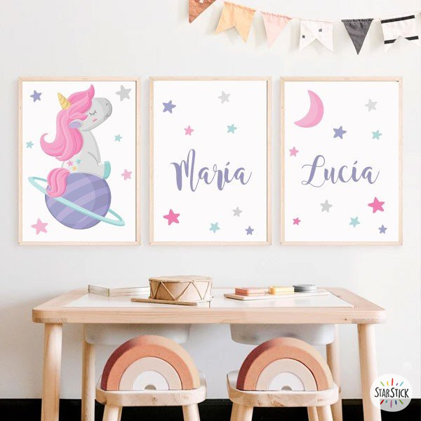 Dreamy Unicorn - 3 Children's paintings. Personalize them with the name