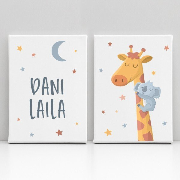 2 cuadros infantiles personalizados - Jirafa con koala