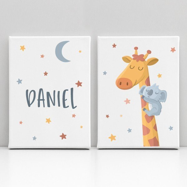 2 cuadros infantiles personalizados - Jirafa con koala