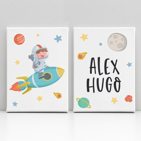 Pack of 2 personalised children’s prints – Boy with rocket