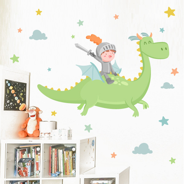 Vinilo decorativo infantil de caballero con dragón mágico para pared de dormitorio infantil.