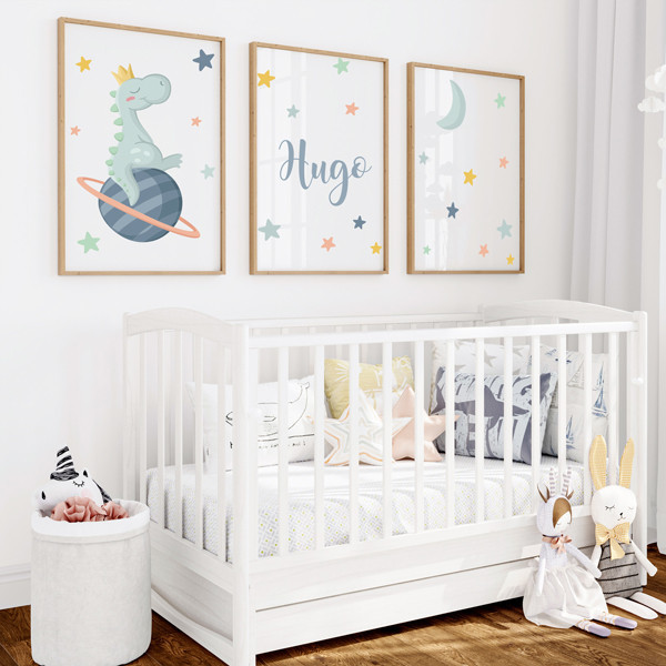 Dinosaure rêveur - 3 tableaux décoratifs pour bébé