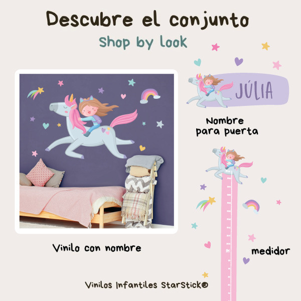 Fille avec licorne. Stickers muraux avec nom