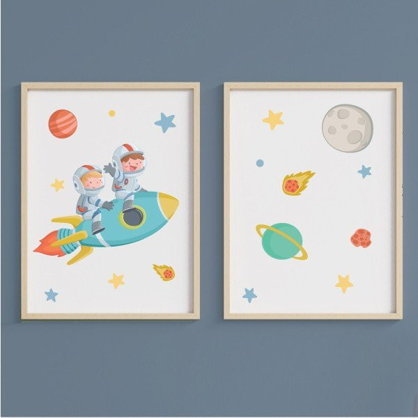 2 Niños con cohete ❤️ Conjunto de 2 cuadros infantiles personalizables