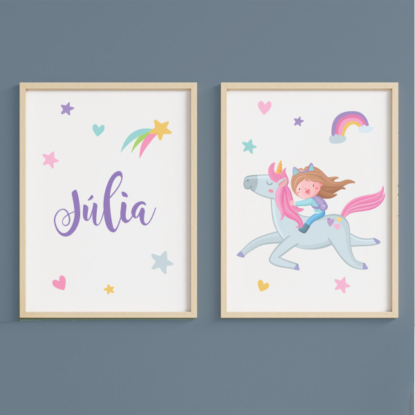 Fille avec licorne - 2 tableaux pour enfants personnalisés avec nom