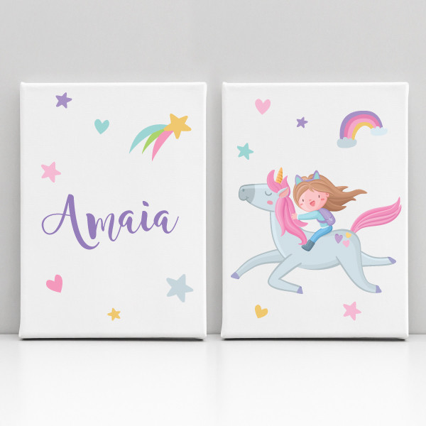 Nena amb unicorn - 2 Quadres infantils personalitzats amb nom