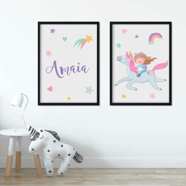 Nena amb unicorn - 2 Quadres infantils personalitzats amb nom