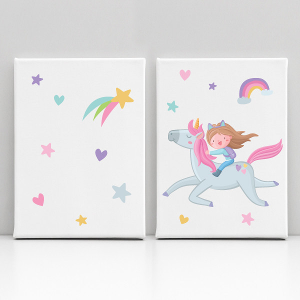 Nena amb unicorn - 2 Quadres infantils personalitzats amb nom
