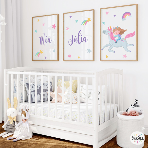Girl with unicorn - 3 personalized children's paintings with name