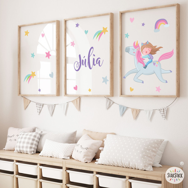 Girl with unicorn - 3 personalized children's paintings with name