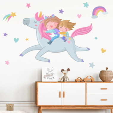 Kids wall sticker siblings with unicorn – Magical wall decal for nursery and children’s bedroom