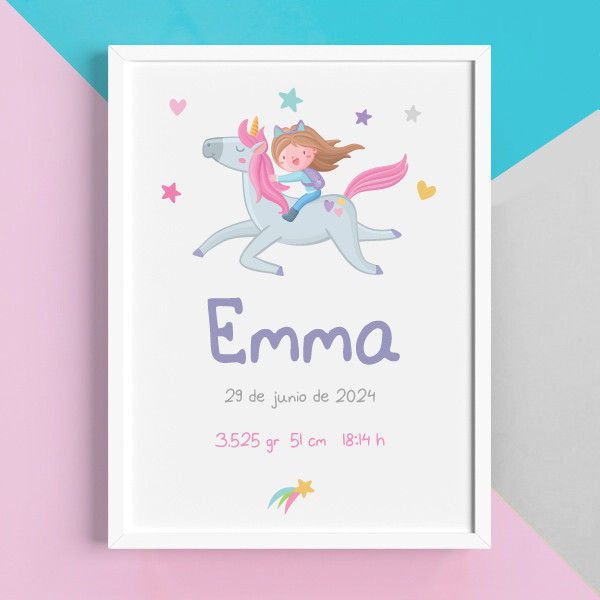 Fille avec licorne - Tableaux de naissance pour bébé