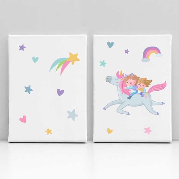 Germanes amb unicorn - 2 Quadres infantils personalitzats amb nom