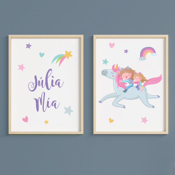 Germanes amb unicorn - 2 Quadres infantils personalitzats amb nom