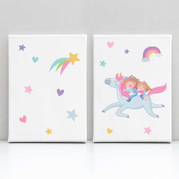 Sœurs avec licorne - 2 tableaux pour enfants personnalisés avec nom