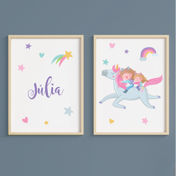 Sisters with Unicorn - 2 personalized children's paintings with name