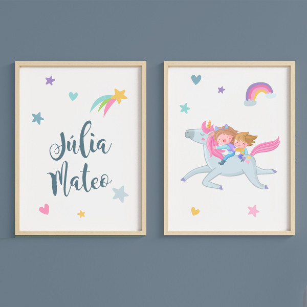 Germanes amb unicorn - 2 Quadres infantils personalitzats amb nom