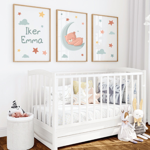 Bear on the moon - 3 Decorative paintings for babies, customizable