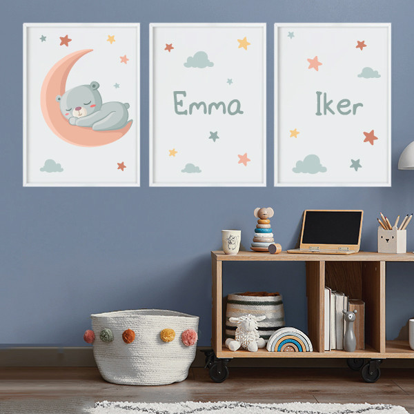 Bear on the moon - 3 Decorative paintings for babies, customizable