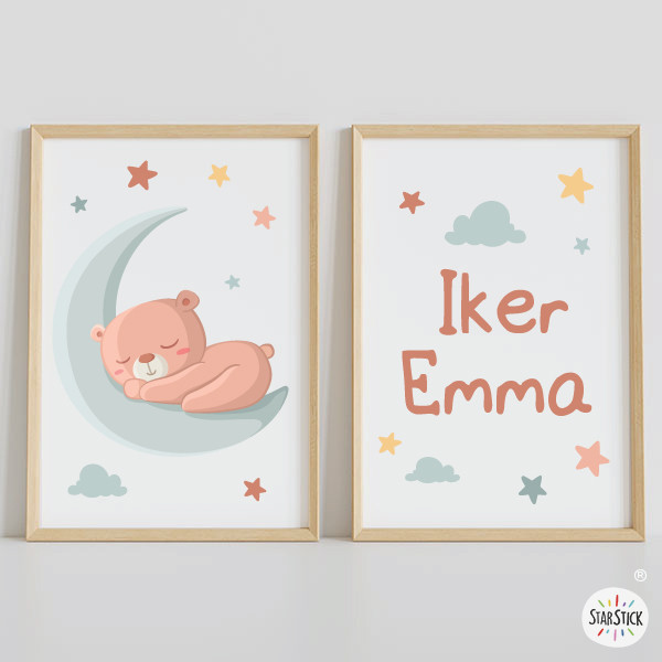 Ours sur la Lune. Pack de 2 tableaux personnalisables pour bébé