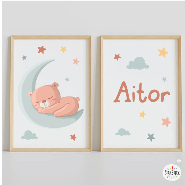 Ours sur la Lune. Pack de 2 tableaux personnalisables pour bébé
