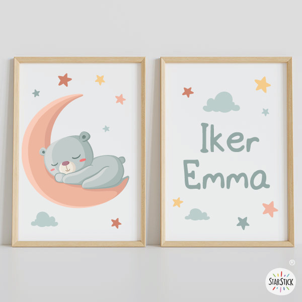 Ours sur la Lune. Pack de 2 tableaux personnalisables pour bébé